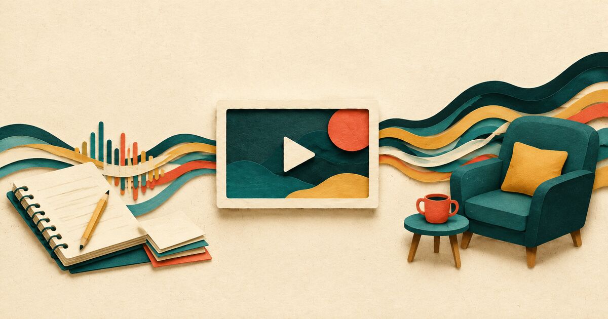 Two paper-cut viewing scenes balance a focused notebook and video frame with a relaxed chair and flowing sound ribbons.