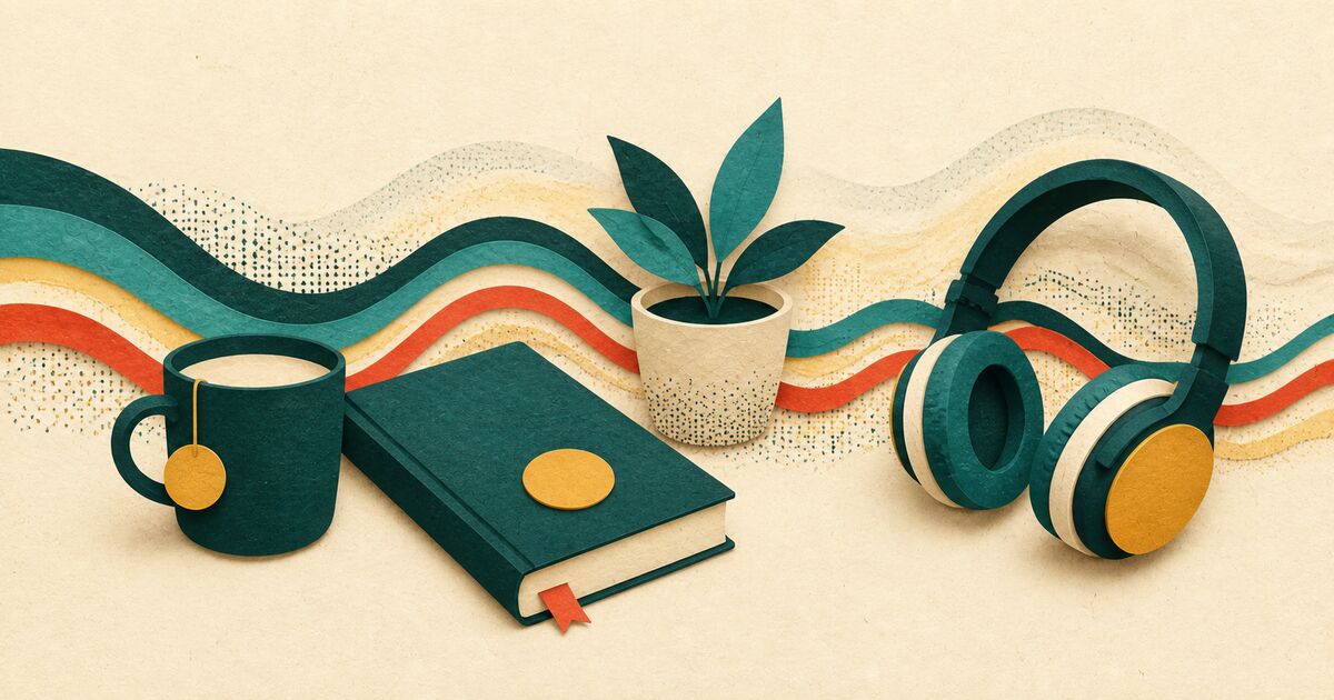 Paper-cut sound ribbons drift behind a mug, book, plant, and headphones in a warm editorial collage.
