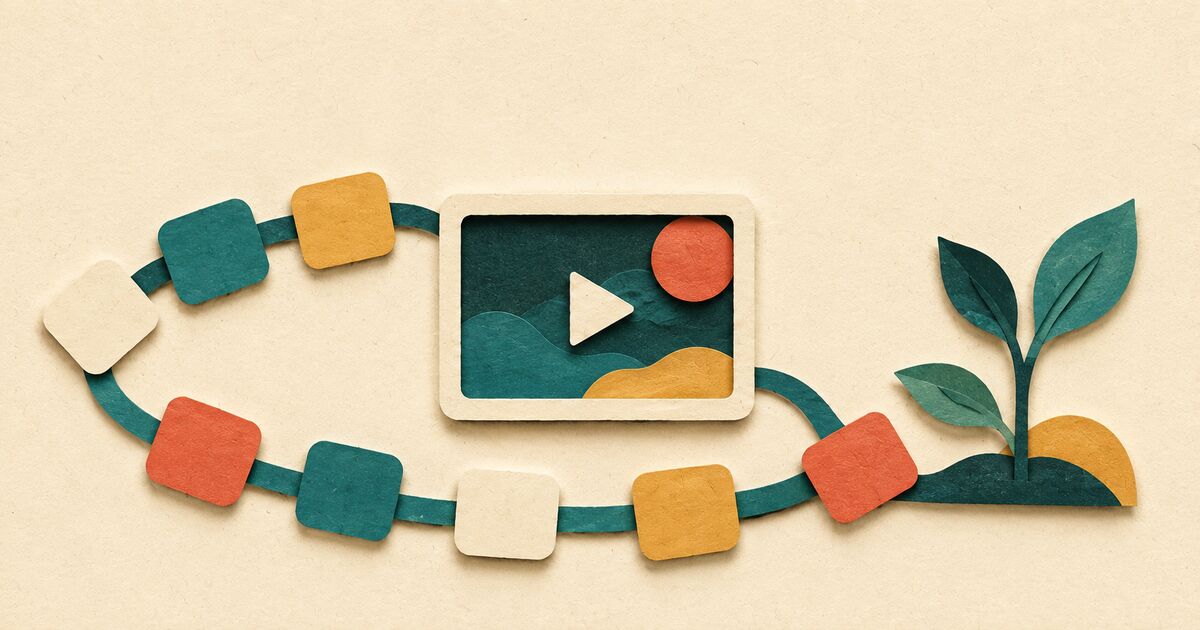 Small repeating paper tiles curve around a video frame and growing plant to represent a sustainable language-learning habit.