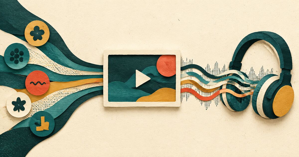 Cut-paper headphones and a video frame connected by branching sound waves in teal, cream, gold, and coral.