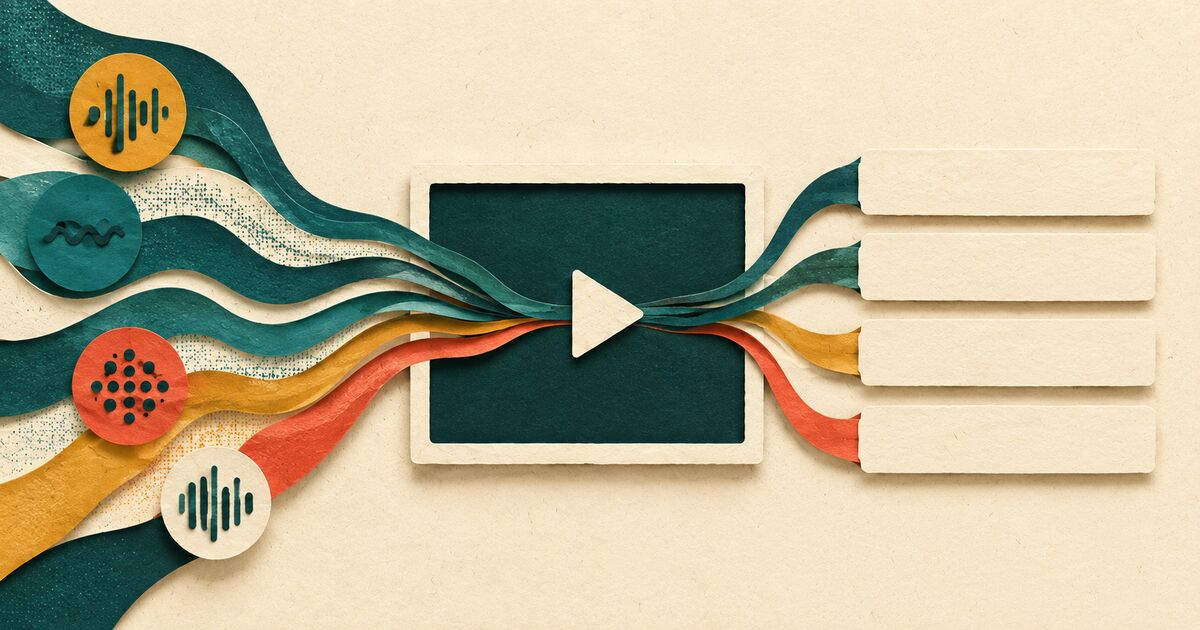 Layered paper sound ribbons line up with blank caption strips inside a deep-teal video frame.