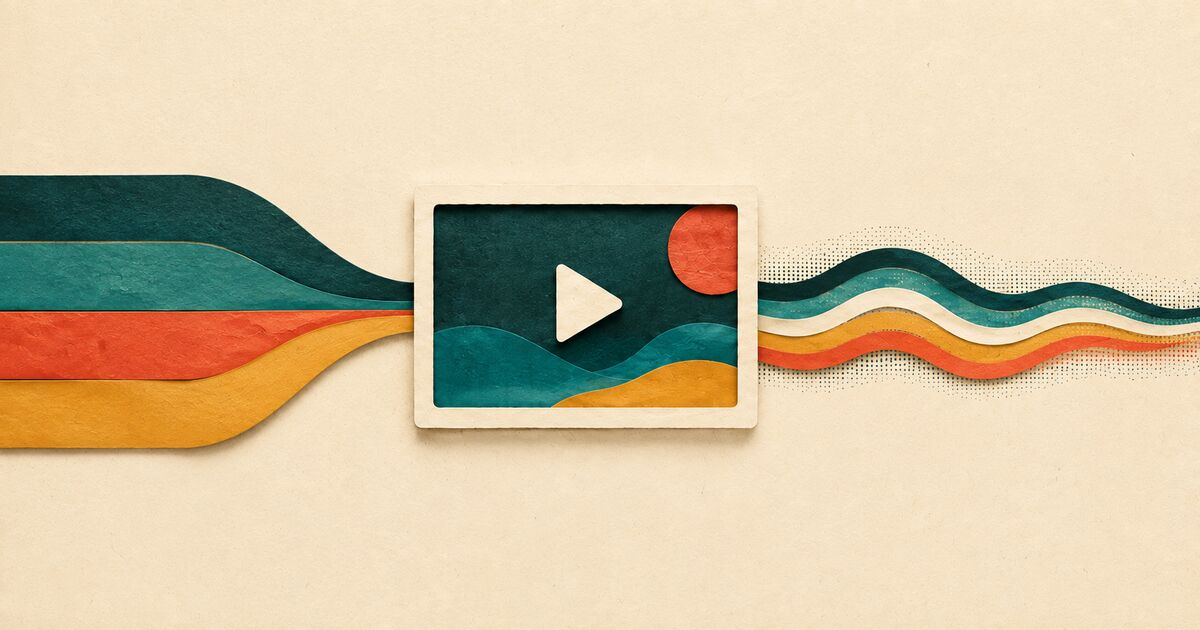 Modular textured paper pieces connect into one continuous audio path through a simple video frame.