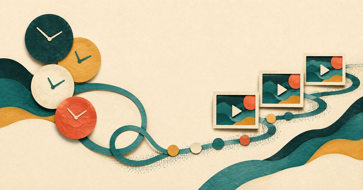 Layered cut-paper clocks, looping paths, and video frames suggesting steady language exposure over time.