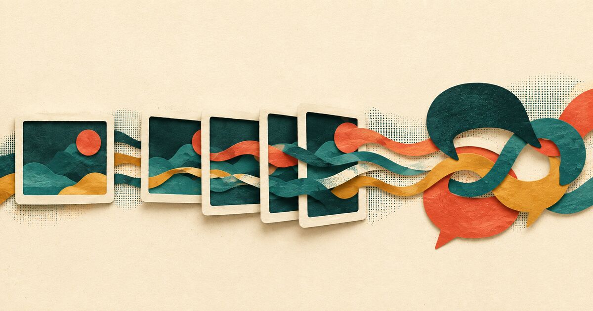 Textured paper film frames and flowing conversational ribbons overlap in a warm teal, cream, gold, and coral collage.