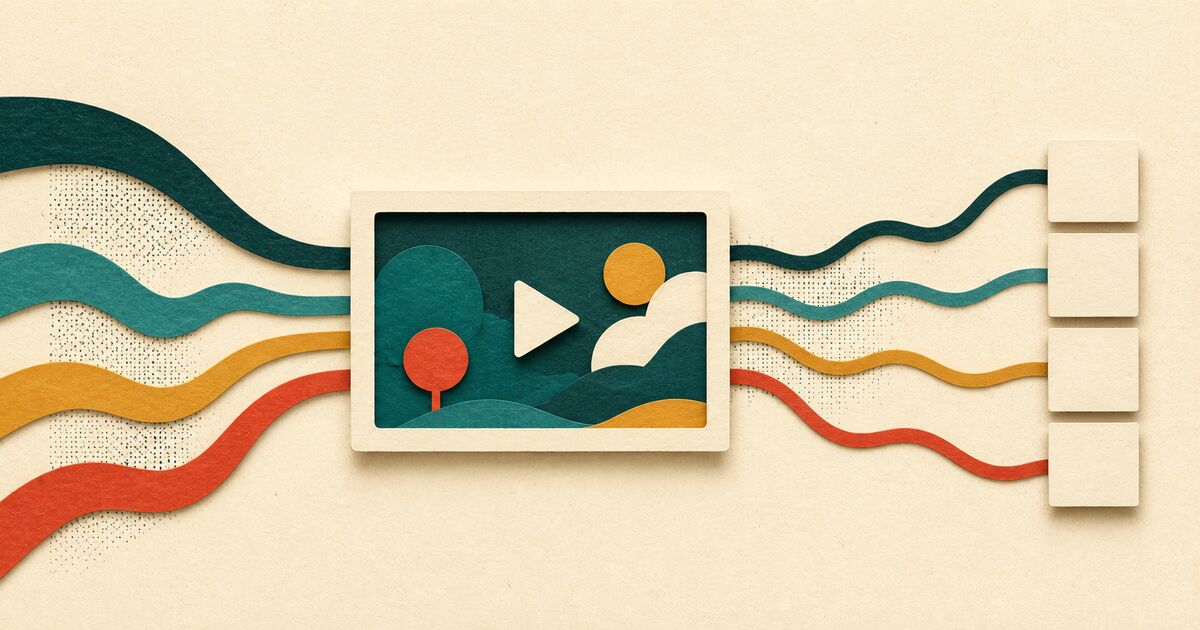 Four flowing paper pitch curves pass through a video frame beside blank square caption tiles in a tactile collage.