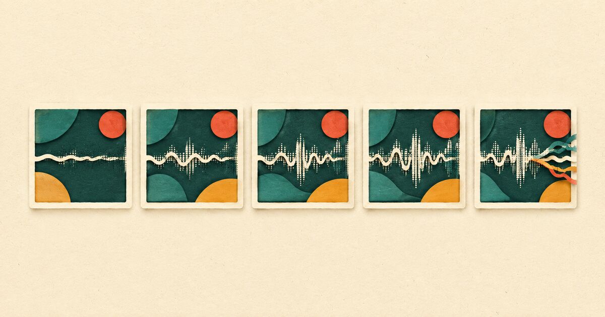A sequence of textured paper cards shows sound waves becoming clearer, steadier, and more varied from left to right.