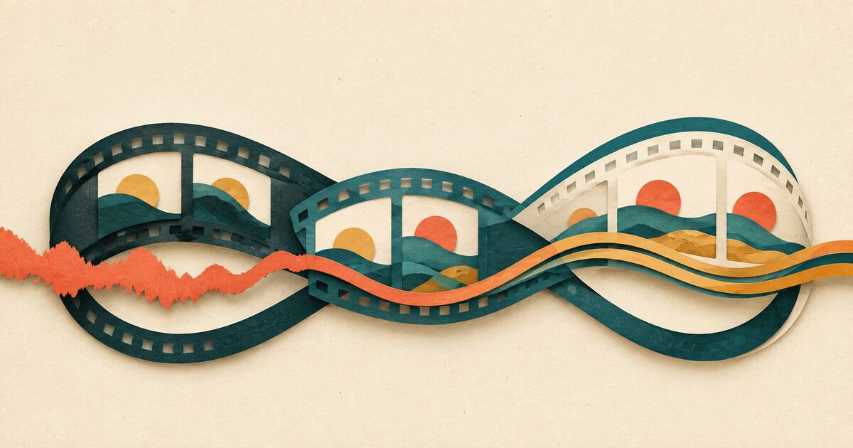 Looping paper film frames carry a sound wave that becomes clearer with each pass, representing useful repetition.