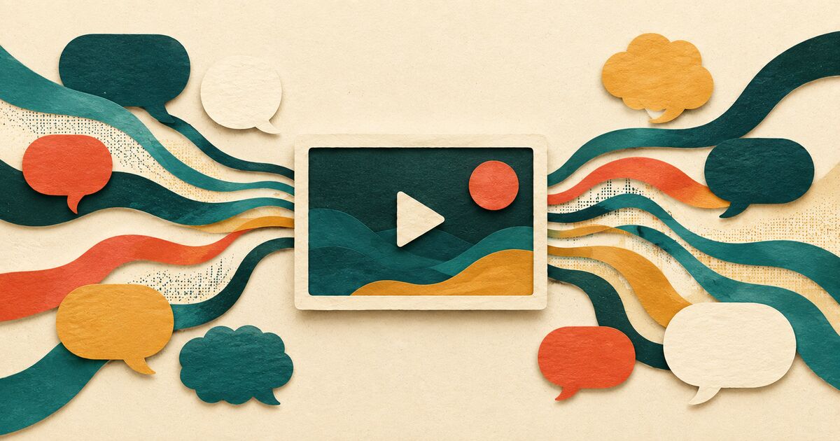 A central paper video frame is surrounded by layered teal, gold, and coral speech ribbons with varied rhythms.