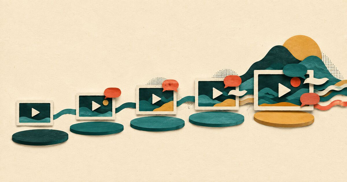 Cut-paper stepping stones lead from a simple video frame toward richer layered scenes and speech shapes.